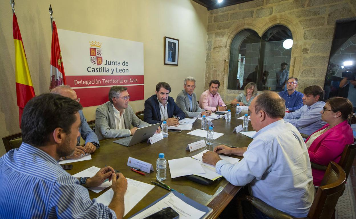 El consejero de Medio Ambiente, Vivienda y Ordenación del Territorio, Juan Carlos Suárez-Quiñones, mantiene una reunión de trabajo con los alcaldes de Cebreros, El Hoyo de Pinares y San Bartolomé de Pinares, afectados por incendios forestales.