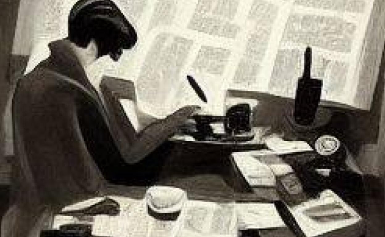 Imagen generada por Midjourney a partir de la descripción «a journalist working hard». 