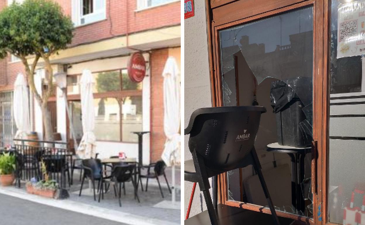 Exterior del Bar Donde Chuchi y en detalle la cristalera reventada en el segundo robo en tres semanas. 