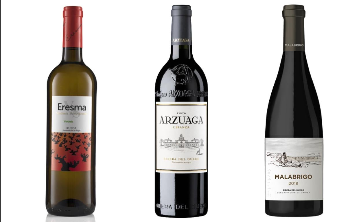 Eresma Verdejo Vendimia Seleccionada 2021, Arzuaga Crianza 2019,  Malabrigo 2018 . 