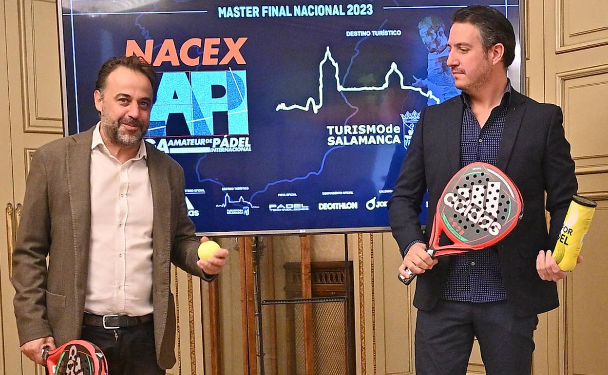 El concejal de Turismo del Ayuntamiento de Salamanca, Fernando Castaño, y el director de la NACEX- Liga LAPI, Borja Alcalde, en la presentación del evento. 