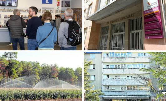 Arriba, turistas en el Centro de Recepción de Visitantes y la entrada al Ezequiel González; abajo, regadíos en El Carracillo y la Residencia Asistida. 