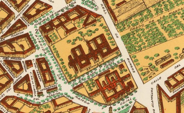 Plano de 1958 en el que se dibuja la plante del seminario de Sanz y Forés. El convento ocupaba la esquina de esta calle con la Real de Burgos. 