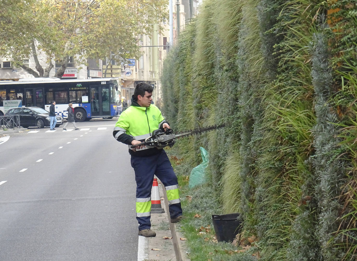 Un operario recorta las plantas del lado de las viviendas. 