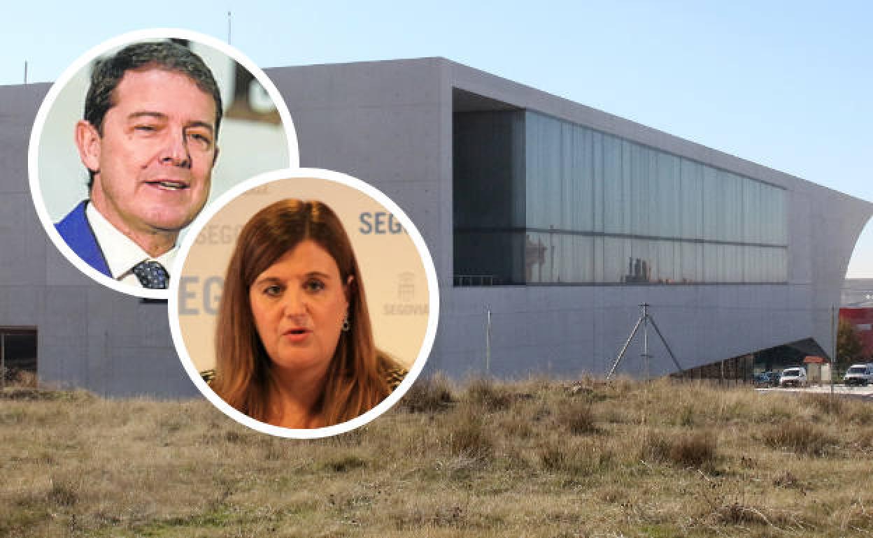 Edificio CIDE, donde estaba prevista la posible llegada de la agencia estatal; en pequeño, Alfonso Fernández Mañueco y Clara Martín.