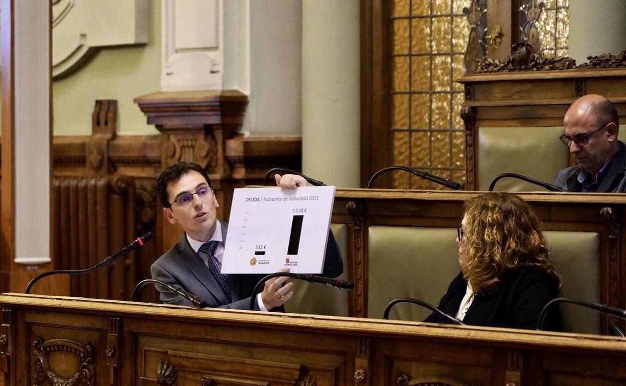 El concejal de Hacienda, Pedro Herrero, muestra un gráfico en el pleno del Ayuntamiento. 