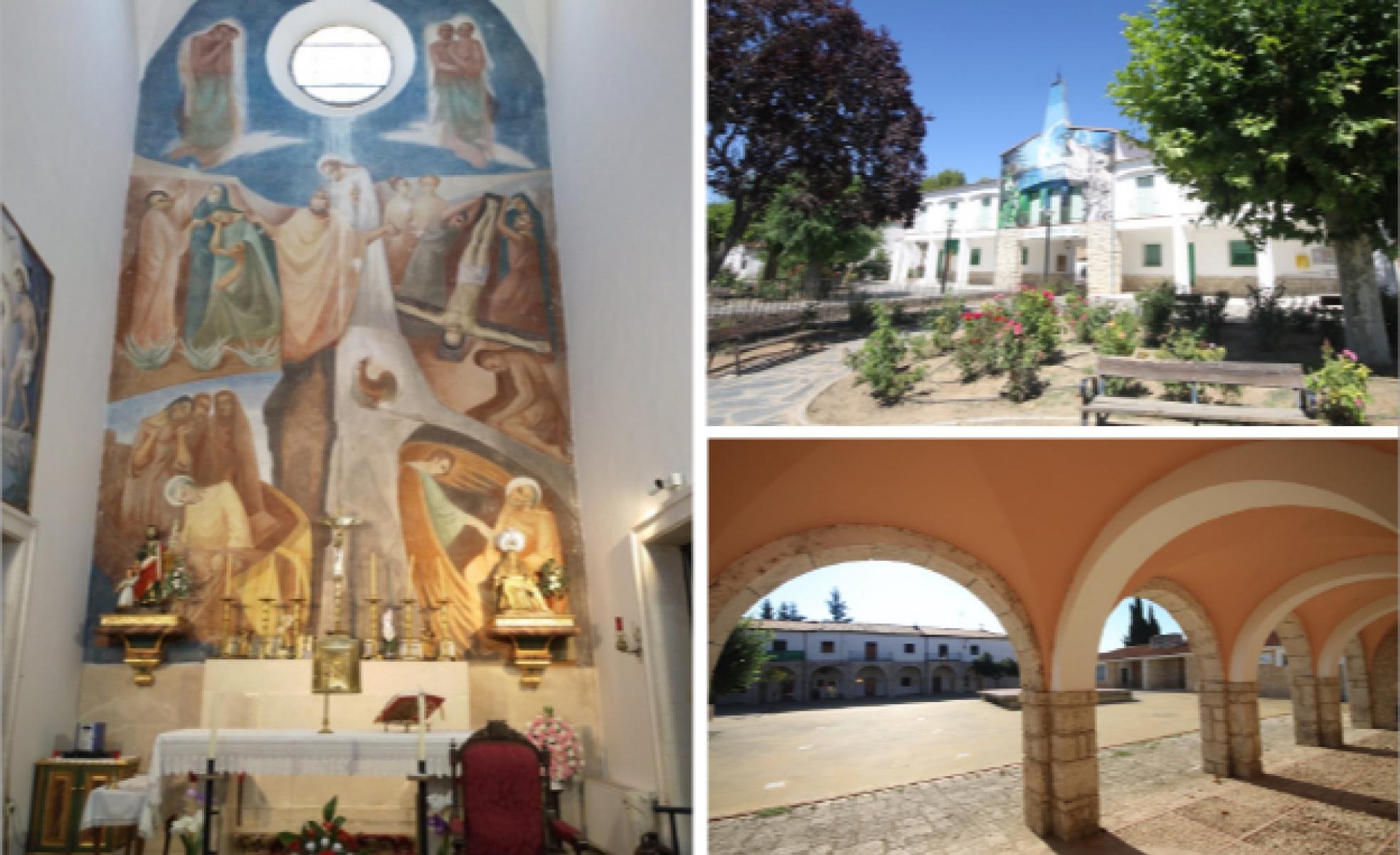 A la izquierda, artístico mural de la iglesia de Foncastín, del pintor Manuel Rivera, que representa pasajes de la vida de San Pedro. A la derecha, arriba, Casa de la Naturaleza y Plaza Mayor de La Santa Espina; abajo, soportales de la plaza del Generalísimo, San Bernardo.