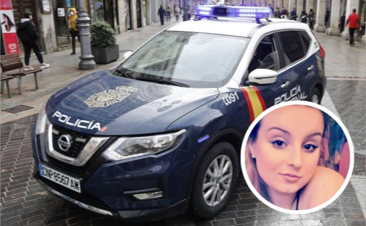 Vehículo de la Policía Nacional e imagen de la joven desaparecida.