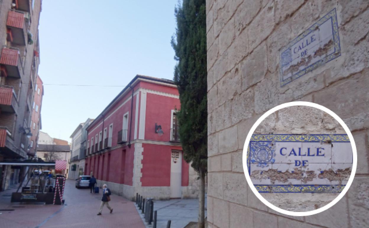 Calle Galera y detalle de la placa picada a martillazos en 1937 en la fachada de El Salvador que recogía la denominación de calle de González Peña. 