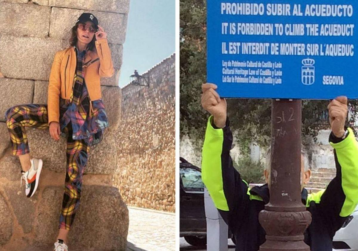 Foto que subió Raquel Sánchez Silva y cartel que prohíbe subirse al Acueducto.