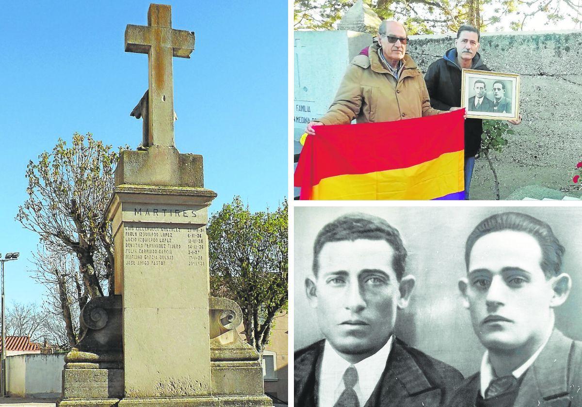 Cruz de los Caídos en la plaza de la Paz de Dueñas, con Manuel Monge y su sobrino en el cementerio de Dueñas en 2021 y los hermanos Pedro y David González Gazopo, fusilados en la Guerra Civil.