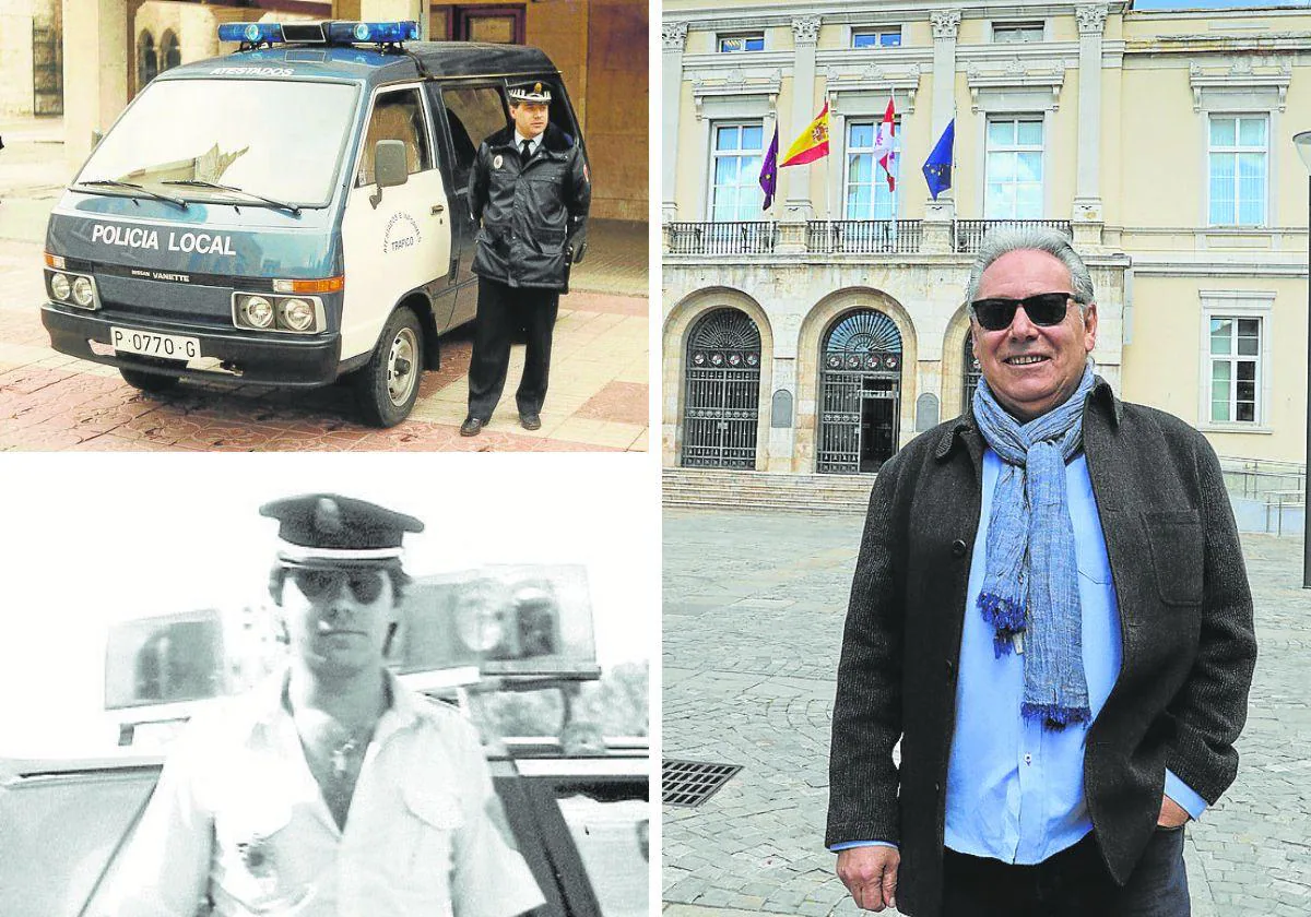 Francisco Pérez Helguera, en la Plaza Mayor de Palencia. A la izquierda, con la primera furgoneta que se compró para el Servicio de Atestados y de uniforme en los años 80 junto a un Seat Ritmo.