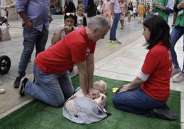 Voluntarios explicando cómo hacer una reanimación cardiopulmonar.