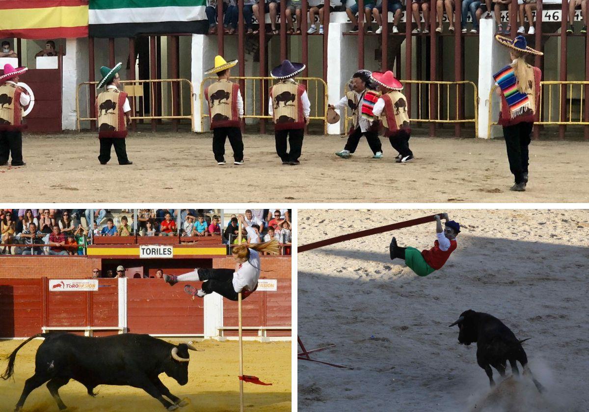 Arriba, Melany San José, en un espectáculo del bombero torero. Abajo, a la izquierda, la cortadora salta un toro con una garrocha. A la derecha, imagen del espectáculo celebrado el año pasado en Peñafiel.