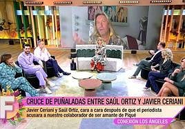 Javier Ceriani, en la pantalla del fondo, y en primer término presentadora y colaboradores de 'Fiesta'.