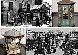 Templetes y quioscos que forma parte de la exposición, junto a fotos del Archivo Municipal.