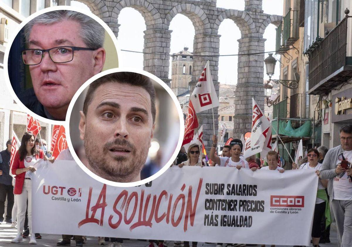 Manifestación del 1 de Mayo del año pasado en Segovia y sobreimpresionados los líderes provinciales de UGT, José Luis Martí y de CC OO, Álex Blázquez.