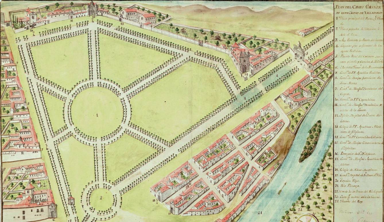 Plano del Campo Grande, de Diego Pérez Martínez, fechado entre 1787 y 1788. La Acera de Recoletos está a la izquierda.