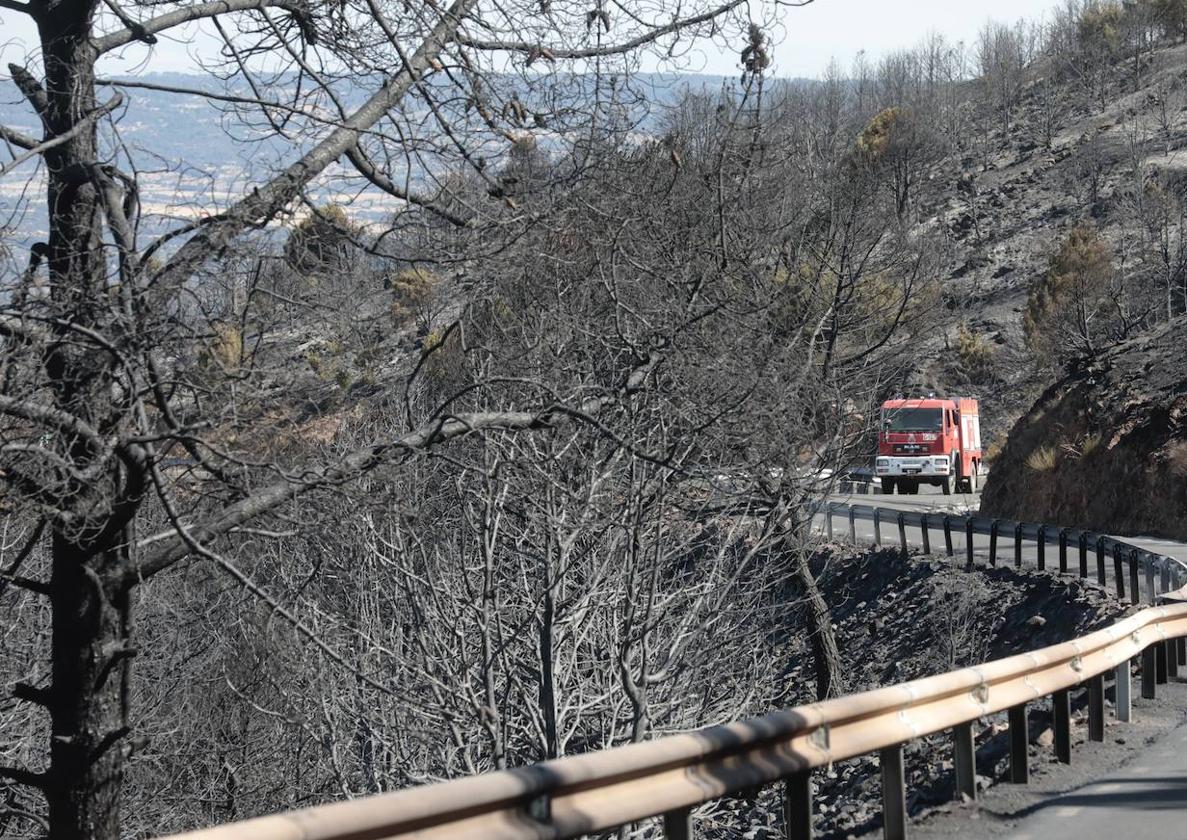 Una autobomba en la zona quemada el verano pasado en Cebreros (Ávila).