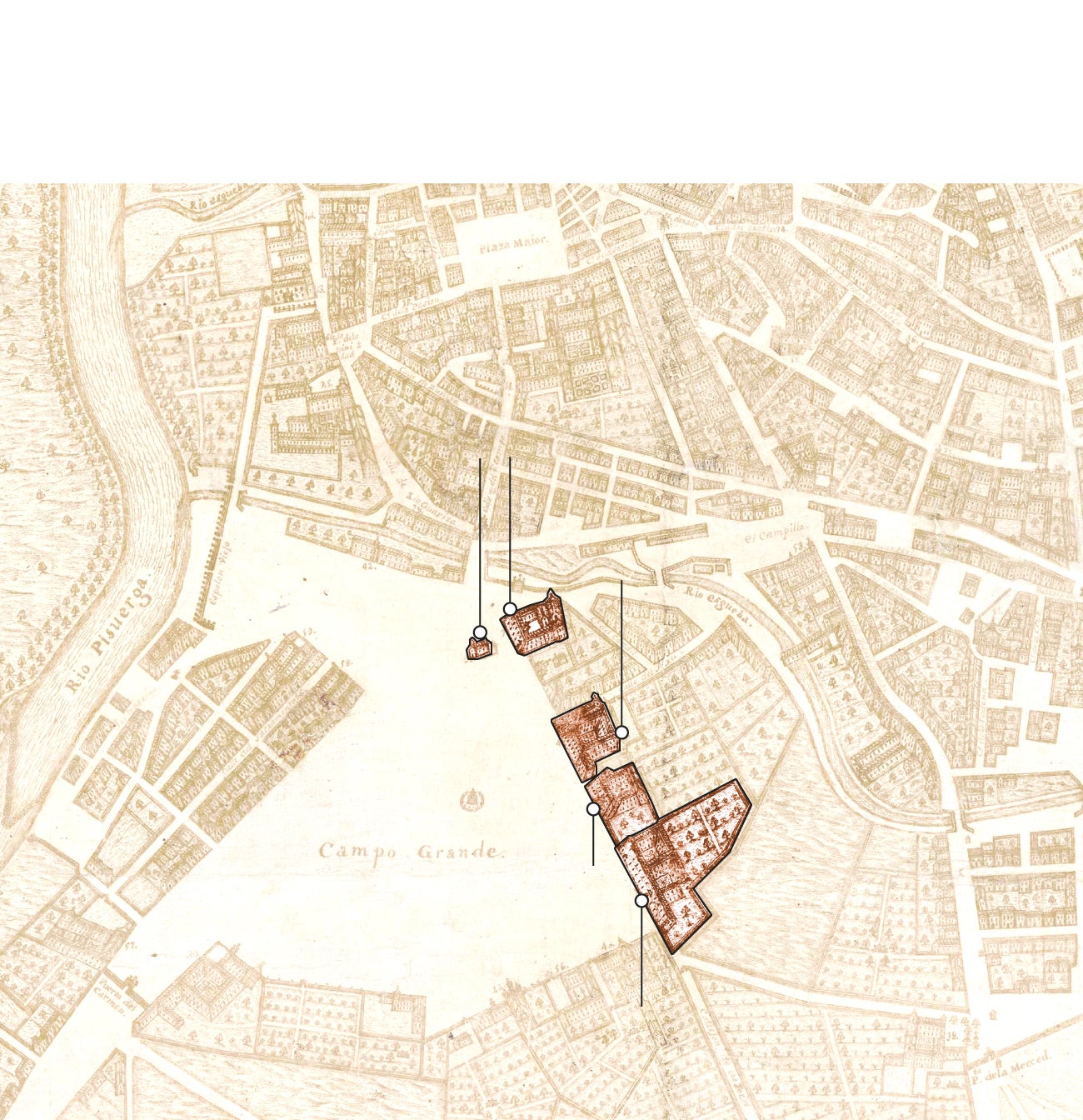 El gráfico muestra cómo era la Acera de Recoletos en el año 1738 en un plano de Bentura Seco