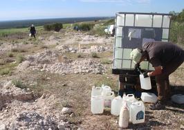 Voluntarios de El Espadañal llevan a cabo en Cuéllar, este fin de semana, el riego de una plantación.