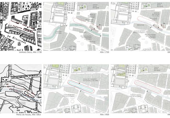 Evolución de la zona del Val entre el siglo XVIII y la actualidad. Montaje realizado con información de E. Carazo Lefort (2012) y los planos históricos de Bentura Seco (1738) y Pérez de Rozas (1863).