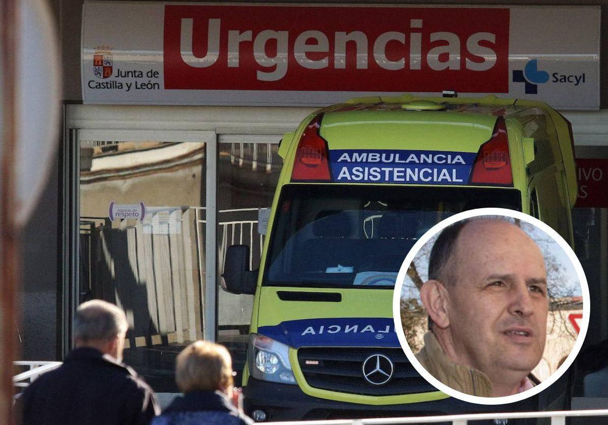 Ambulancia en la entrada de Urgencias del Hospital General de Segovia, y en el círculo, el secretario general del PSOE de la provincia, José Luis Aceves.