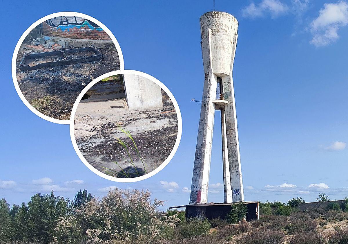 Rastro del incendio generado en la antigua fábrica de uralita de Valladolid, bajo el depósito de tres patas.
