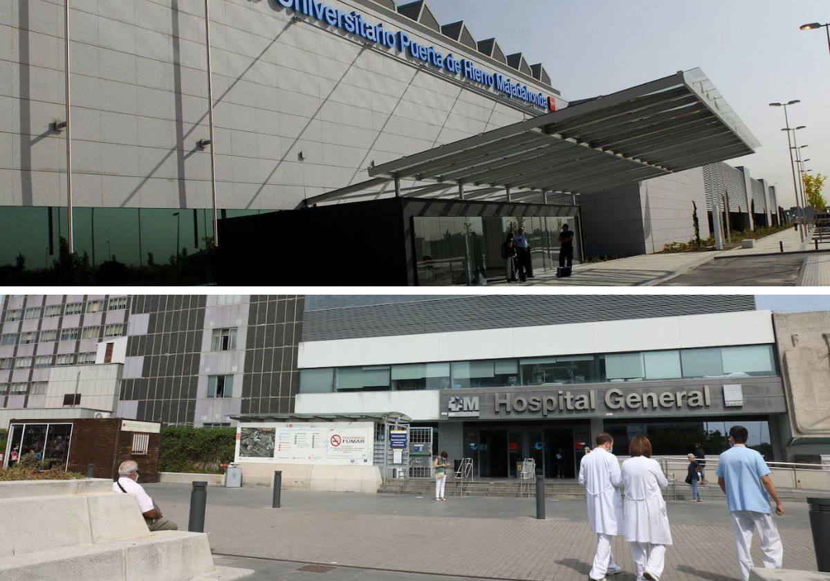 Arriba, el Hospital Universitario Puerta de Hierro, en Majadahonda, ya abajo, La Paz, en Madrid.