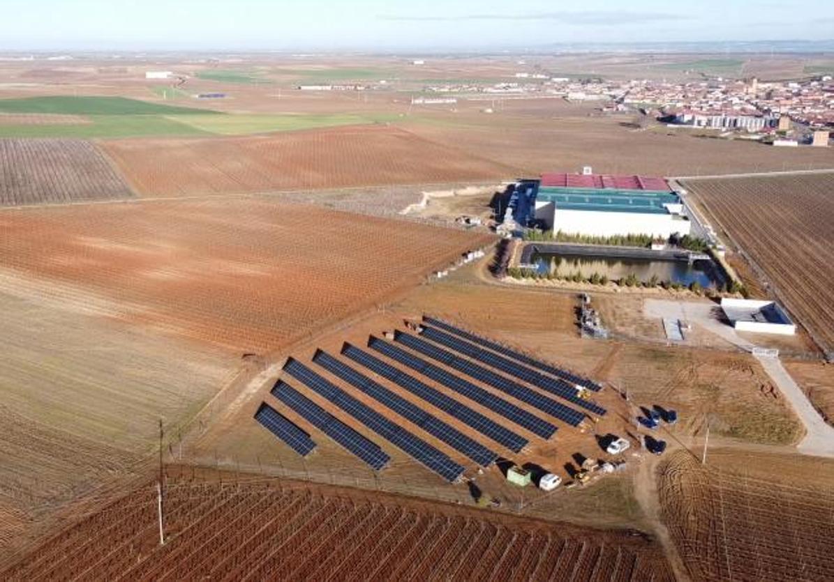 Vista aérea de los módulos solares instalados junto a la Bodega Cuatro Rayas, en La Seca.