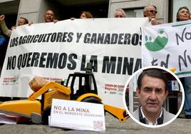 En grande, protesta de vecinos y alcaldes del nordeste de Segovia contra las minas; en pequeño, Juan Carlos Suárez-Quiñones.