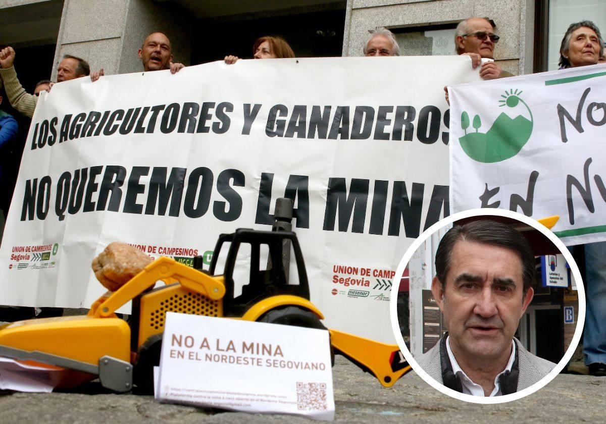 En grande, protesta de vecinos y alcaldes del nordeste de Segovia contra las minas; en pequeño, Juan Carlos Suárez-Quiñones.