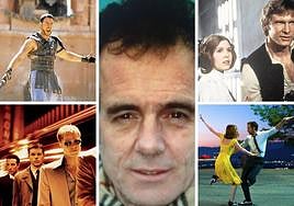 Gonzalo Abril Vega, en el centro, y fotogramas de algunos de los filmes en los que puso su voz.