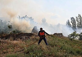 Un miembro de el grupo local de Protección Civil acercando una manguera a uno de los focos del fuego.
