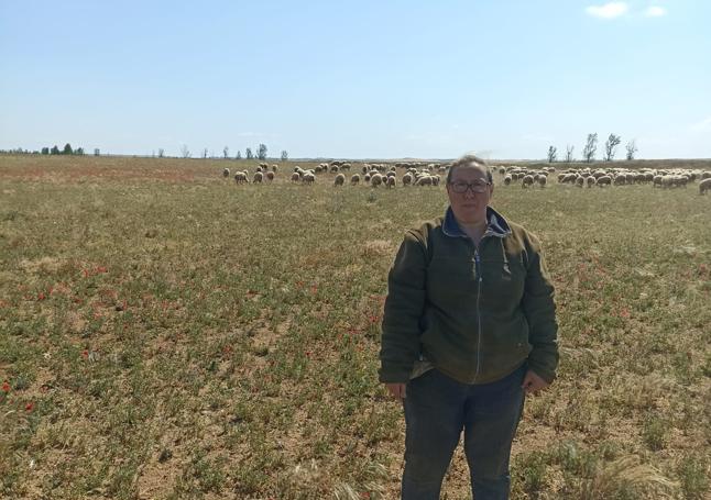 Ana Santiago, en el campo junto a sus ovejas.