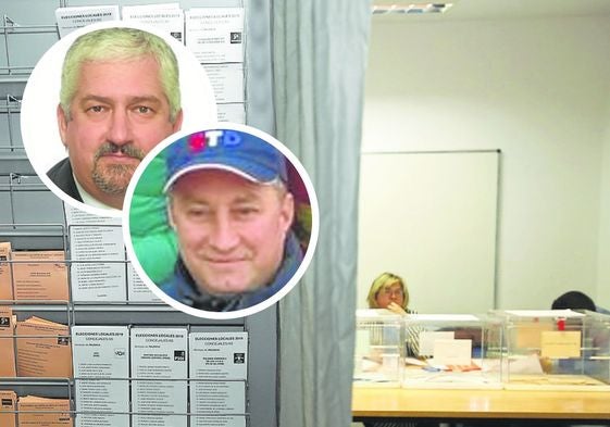 Cabina electoral con papeletas de las pasadas elecciones y detalle de Andreas Heinz y Aurel Truta.