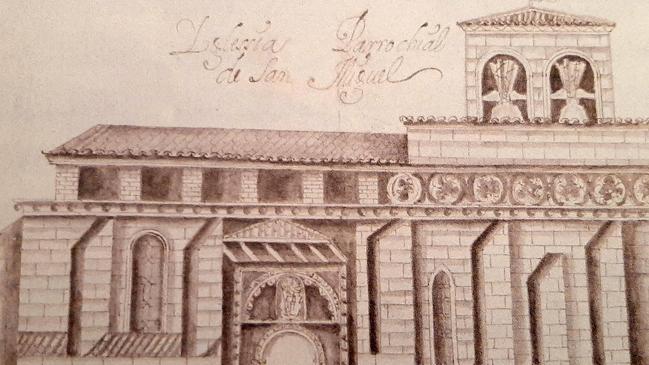 Imagen antes - Dibujo de la iglesia de San Miguel, realizado por Ventura Pérez en el siglo XVIII. A la derecha, Estatua de San Miguel, procedente de la antigua iglesia, ahora colocada en la parroquia de San Miguel y San Julián.