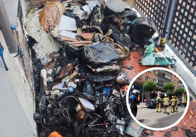 Restos calcinados de la terraza afectada en la calle Mercedes. En el círculo, intervención de los Bomberos de Valladolid.