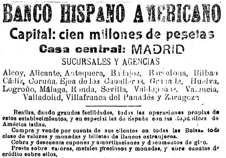 Imagen principal - Anuncio del Banco Hispano Americano cuando se instaló en Valladolid y anuncio y sede del Anglo South American Bank, Limited.