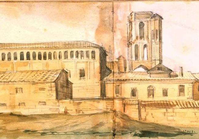 Pintura de Valentín Carderera (1836) de la vista del Monasterio de San Benito desde el Pisuerga.