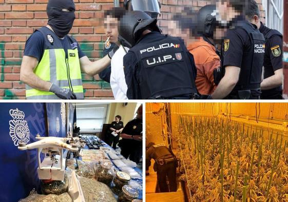 Arriba, detenciones en Pajarillos. Abajo, drogas incautadas en la operación Santo.