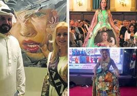 Rosana Largo posa con su obra y con un miembro de la familia real de Dubai, junto con dos vestidos diseñados por ella en Venecia.