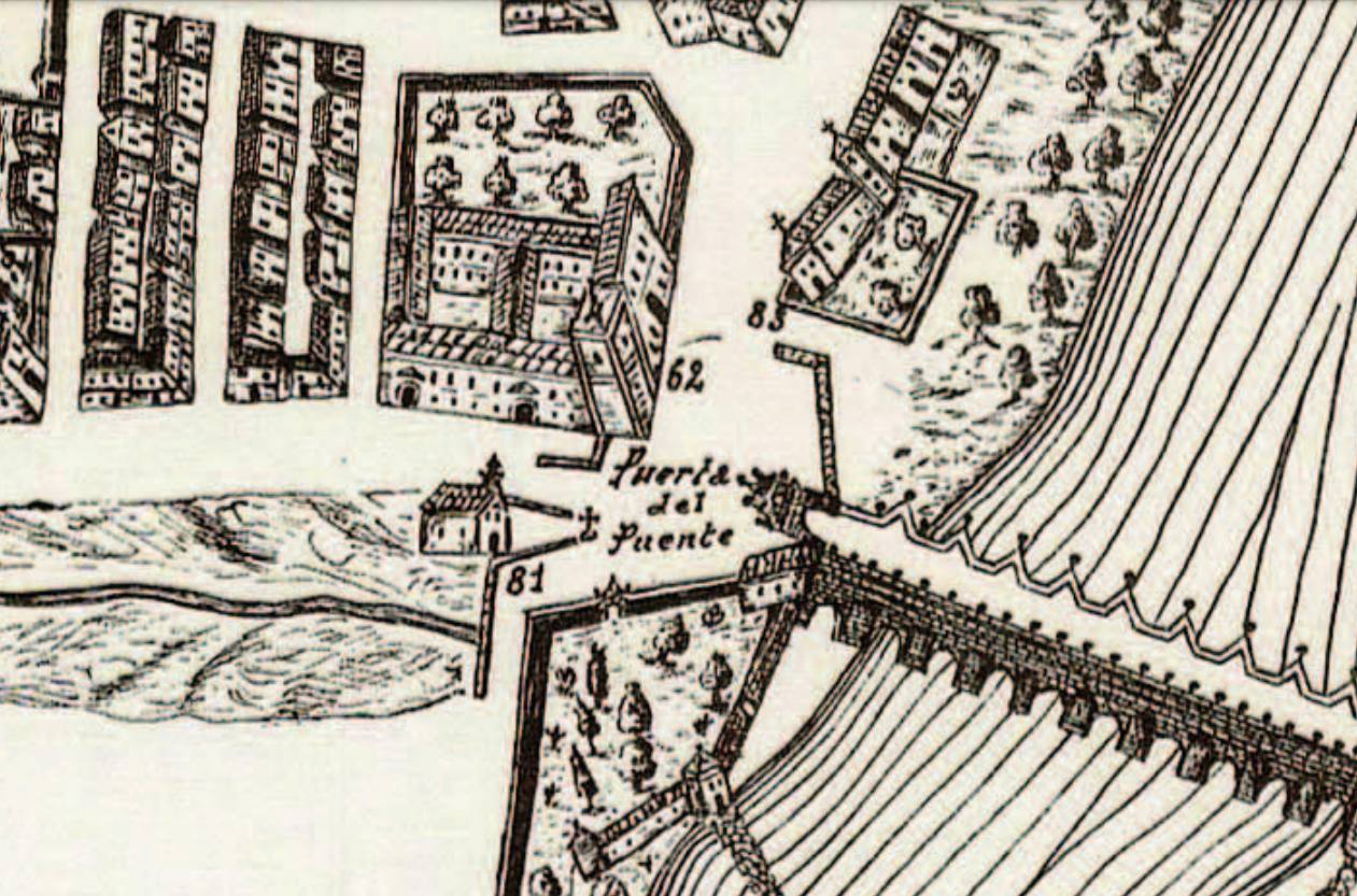 Plano de 1738. La Puerta del Puente daba nombre a lo que siglos después será la plaza de San Bartolomé.