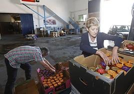 Los voluntarios ordenan algunas de las cajas que acaban de recibir.
