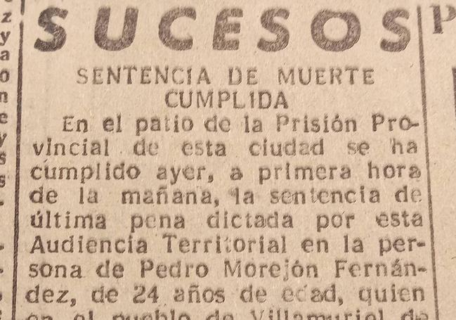 Noticia de la ejecución de Pedro Morejón, publicada el 16 de febrero de 1955 en el Diario Regional.