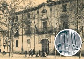 La Audiencia Provincial o Palacio de Justicia de Valladolid en 1908 y detalle de los hierros del garrote depositados en la Audiencia.