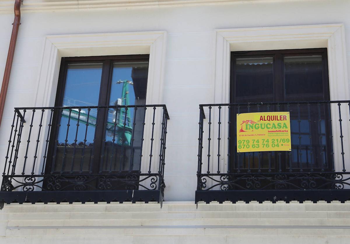 Cartel de alquiler de una vivienda en la capital palentina.