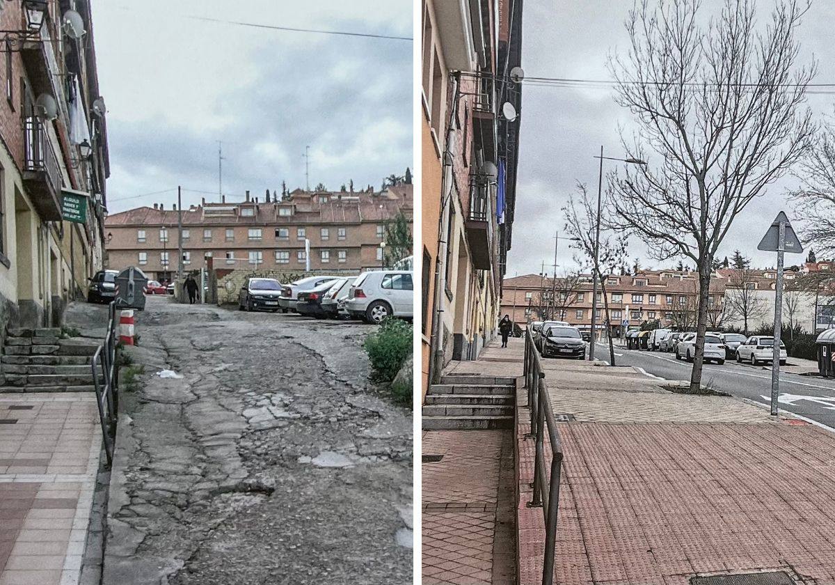 Contraste entre el estado actual de la calle Jerónimo de Aliaga y el que tenía a principios del siglo XXI.