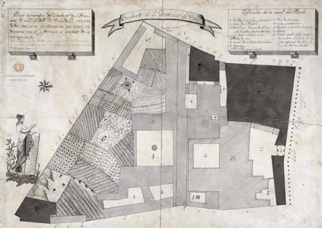 Imagen secundaria 1 - Restos de las cimentaciones de la capilla de las Maravillas. Debajo, plano topográfico del convento de San Francisco, realizado por el arquitecto Francisco de Benavides en 1810 y copiado en 1835 por el capitán Rodrigo Exea. A la derecha, excavación en el subsuelo del Teatro Zorrilla, en 2006.