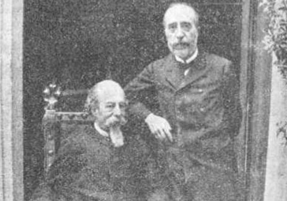 Miguel de los Santos Álvarez, de pie, junto al poeta José Zorrilla.